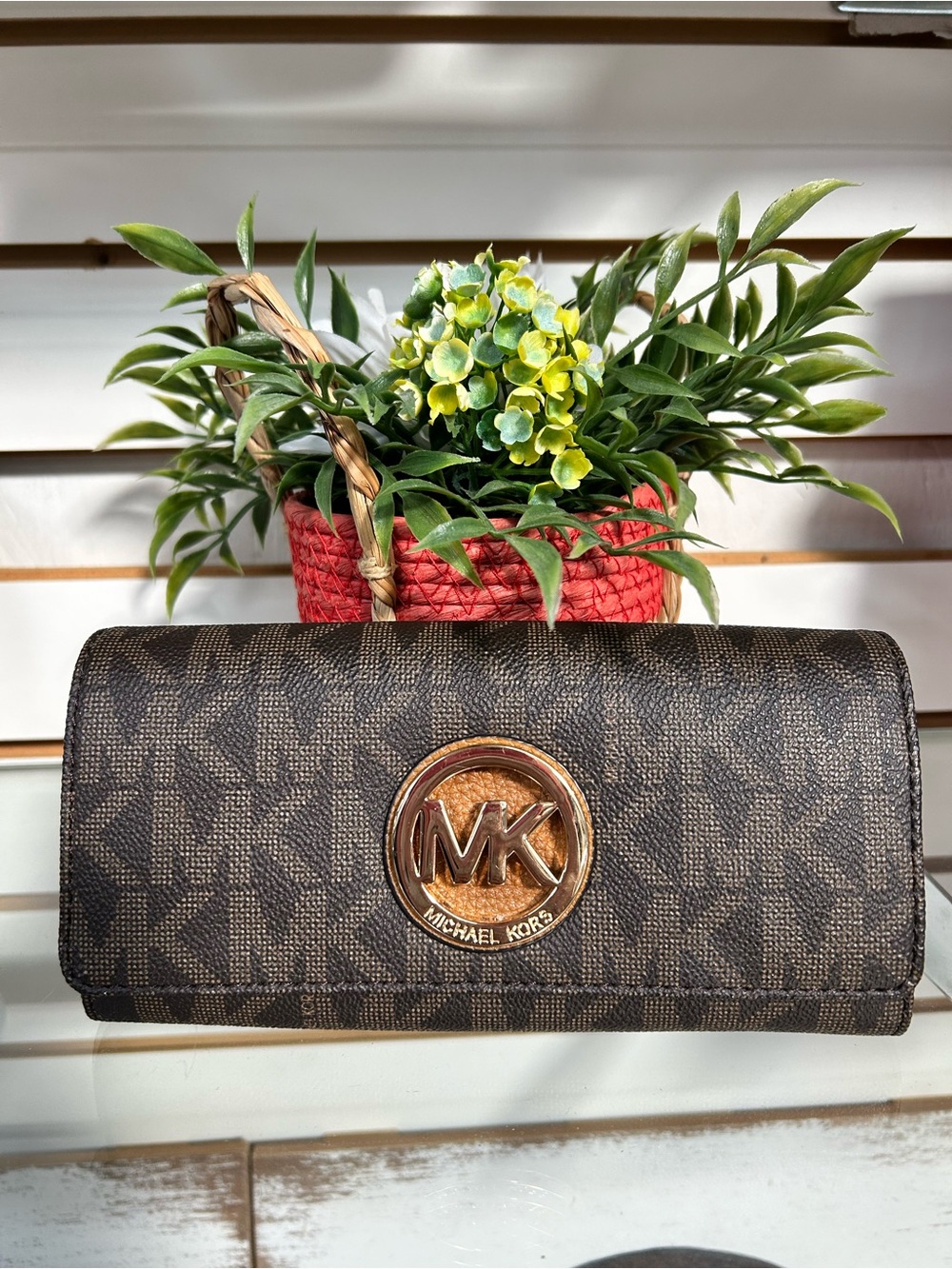 Michael Kors Brown Logo-Print Continental Wallet with Gold Emblem